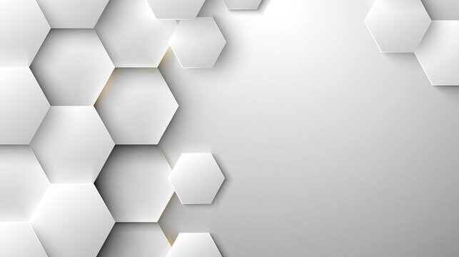 Abstract modern background with layered white hexagonal shapes and subtle golden shadow on left side creates clean geometric space for design work