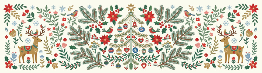 Christmas Folk Art Pattern with Reindeer and Decorated Tree © Zidna
