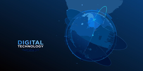 digital technology text on futuristic dark blue banner sphere orbit glowing circle lines abstract vector illustration background colored modern innovation science internet communication © Bijoy