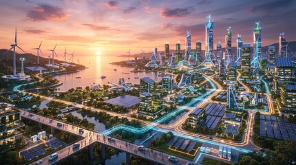 Fototapeta premium Modern smart city powered by a decentralized energy grid with solar panels and wind turbines, connected through illuminated paths symbolizing energy flow at sunset