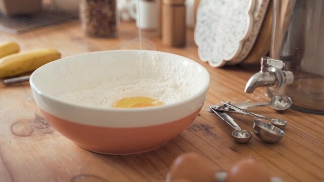 Whisk rests near a white bowl filled with flour and a golden egg yolk while measuring spoons are scattered on a wooden kitchen counter ready for creating the perfect batter for a weekend home bake.