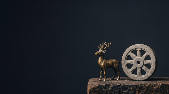 Standing Deer Figurine and Stone Dharmachakra Wheel for Asalha Puja Concept