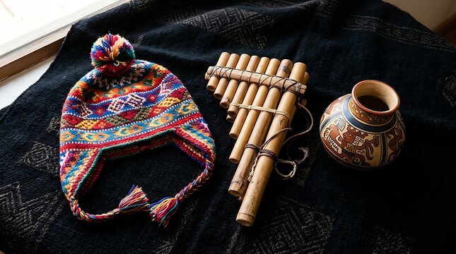 traditional Peruvian Andean cultural crafts, showing a colorful hand-woven alpaca chullo hat, a set of wooden pan flutes zampona, and a small painted ceramic pottery piece, realistic,textured textiles