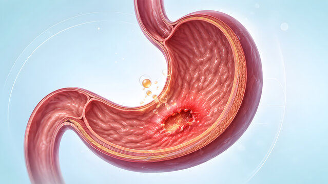Cross section of human stomach with glowing ulcer sore inside. Concept of gastroenterology medical science, digestive system disease, and acid reflux pain treatment.