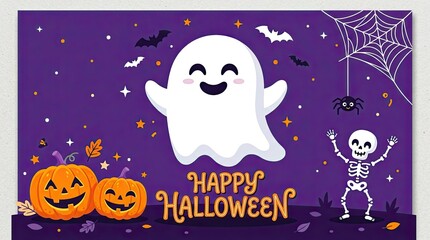 Naklejka premium Cute cartoon ghost with pumpkins and a dancing skeleton on a purple background for a happy halloween celebration