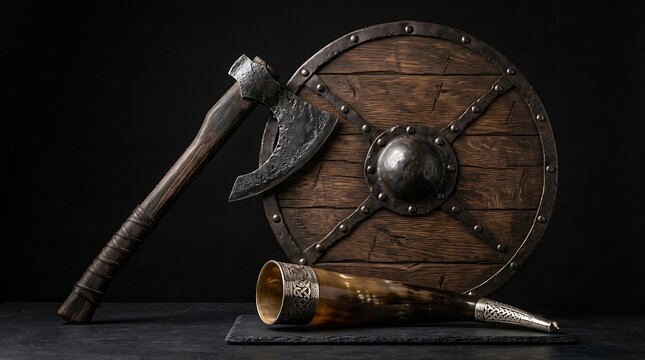  traditional Nordic Viking heritage items, showing a forged iron bearded axe, a round wooden shield with metallic rivets, and a polished drinking horn with silver trims, rugged textures, deep black ba