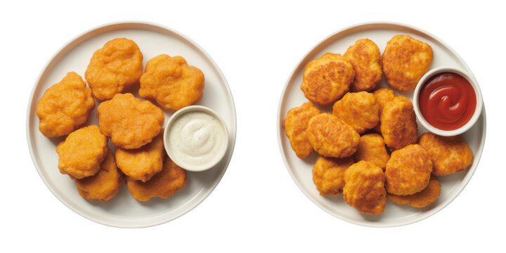 Two plates of crispy chicken nuggets with dipping sauces isolated on transparent background