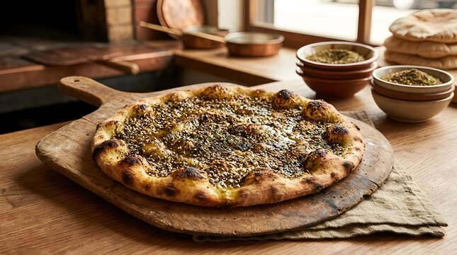 Freshly baked Lebanese Manousheh flatbread with zaatar and olive oil on a wooden peel in a bakery kitchen