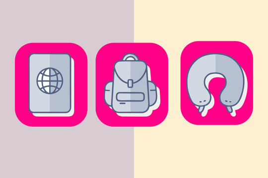 Travel Essentials Icon Set with Passport Backpack and Neck Pillow Vector Illustration