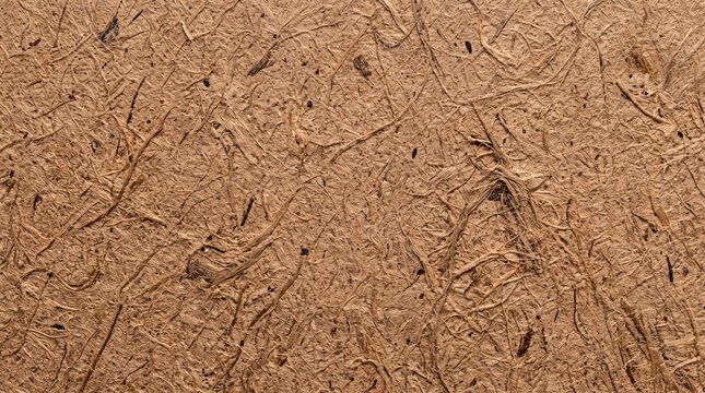 Textured brown particle board surface detail with particle material background