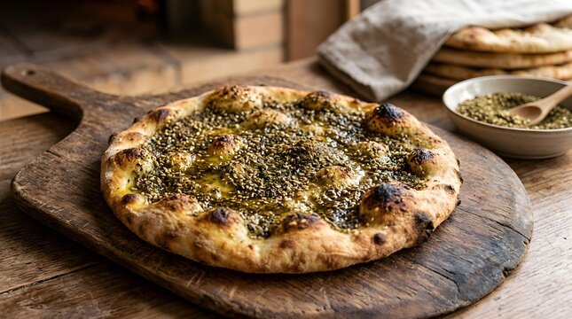 Freshly baked Lebanese Manousheh flatbread with zaatar and olive oil on a rustic wooden peel