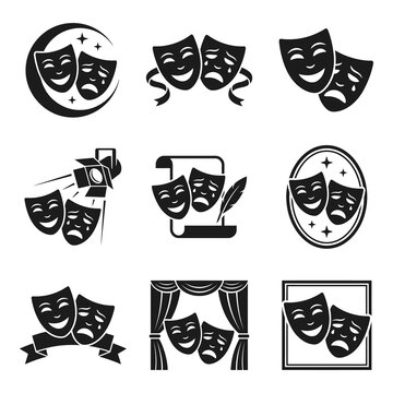 Theater drama masks in different designs and backgrounds  comedy and tragedy symbols icon