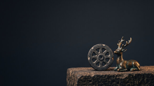 Dharmachakra Wheel and Bronze Deer Figurine on Stone for Asalha Puja Concept