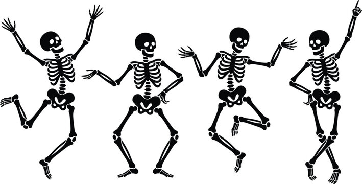 Group of four happy skeletons dancing together in black and white