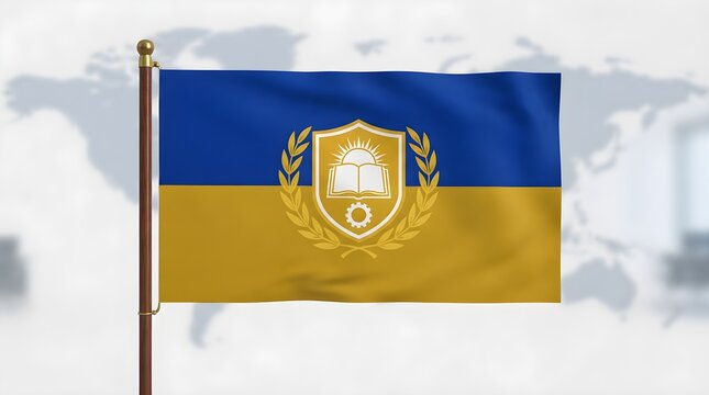 Fictional horizontal royal blue and gold bicolor flag featuring a white shield with a book, star and ring emblem encircled by golden laurel branches, flying on a pole before a softly blurred world map