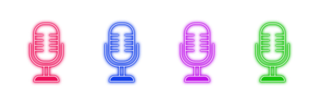 Neon glowing microphone vector icons set, podcast, music recording, radio audio broadcast equipment, vibrant colorful outline sign design illustrations.