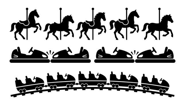 Black silhouette icons of amusement park rides showing carousel horses, bumper cars with drivers in motion, and roller coaster train on track.
