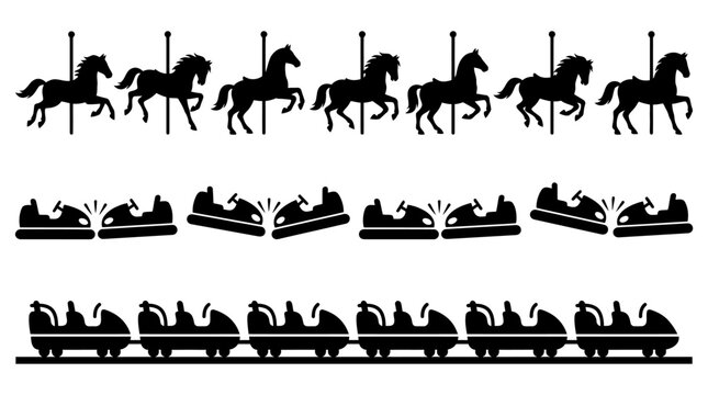 Stylized black silhouettes of amusement park rides showing carousel horses, bumper cars with impact lines, and roller coaster train with riders.