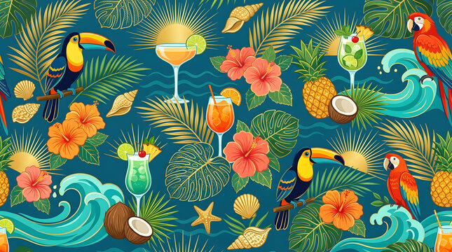 Luxury tropical summer seamless pattern with toucan, macaw parrot, golden palm leaves, cocktails, and hibiscus on dark blue background vector.