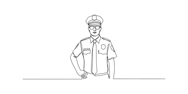 Continuous single line drawing of a police officer wearing a uniform hat and glasses
