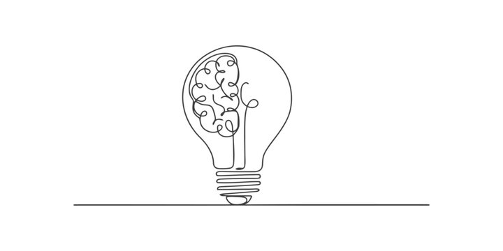 Continuous single line drawing of a light bulb with a human brain inside representing a creative idea and innovation