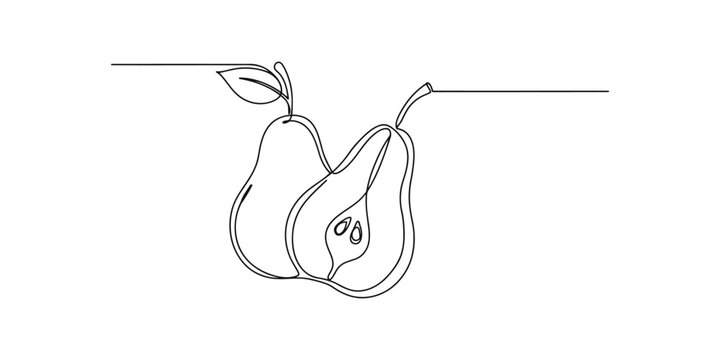 Continuous single line drawing of a whole pear and a half pear with seeds