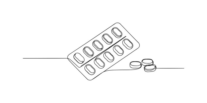 Continuous single line drawing of a pill blister pack and medicine tablets