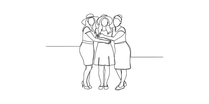 Three women wearing hats hugging each other in a line drawing sketch