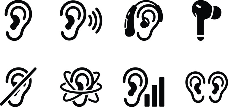 Set of black and white line icons representing hearing health audio technology and ear related concepts