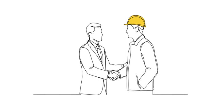 Continuous line drawing of a businessman shaking hands with a construction worker wearing a yellow hard hat