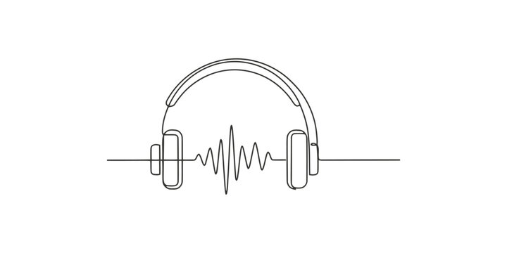Continuous single line drawing of headphones with sound wave audio symbol