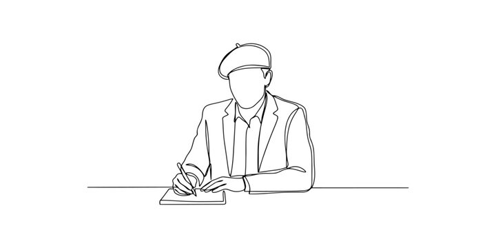 Continuous single line drawing of an artist wearing a beret sitting and writing in a notebook