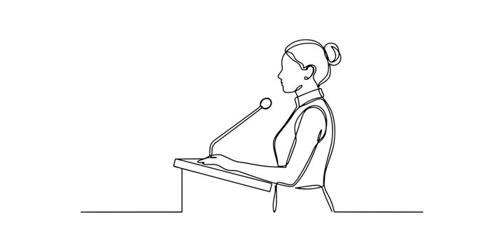 Continuous single line drawing of a woman speaker standing at a podium giving a presentation with a microphone