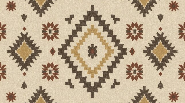 Seamless Geometric Ethnic Pattern with Tribal Diamond Shapes and Earthy Tones on Textured Rug Fabric