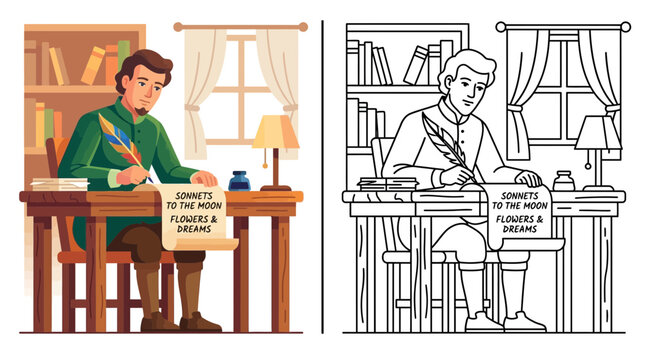Poet Writing Sonnets at Desk with Quill Pen, Historical Illustration