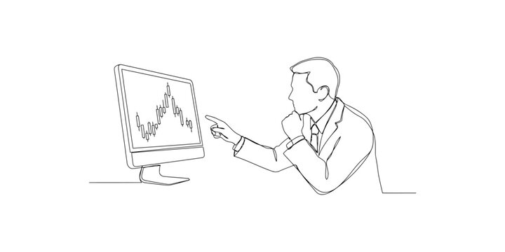 Businessman pointing at stock market financial chart on computer screen continuous line drawing
