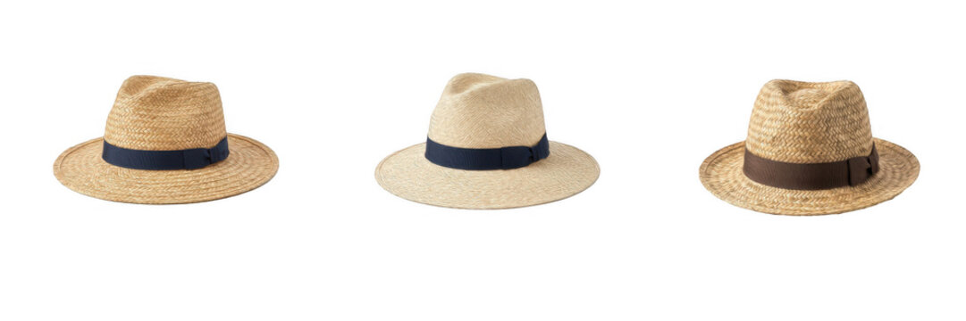 Woven straw fedora hats PNG collection, summer beach hats with dark ribbon bands clip art, stylish tropical headwear cutout elements, isolated fashion design asset set