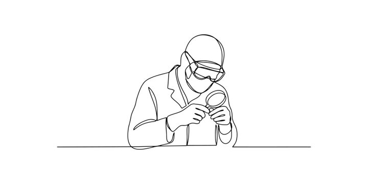 Continuous line drawing of a scientist looking through a magnifying glass