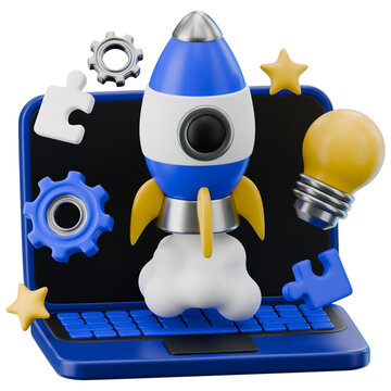 3D rocket launch from laptop screen, business startup concept with lightbulb and gears, digital marketing and creative project development illustration