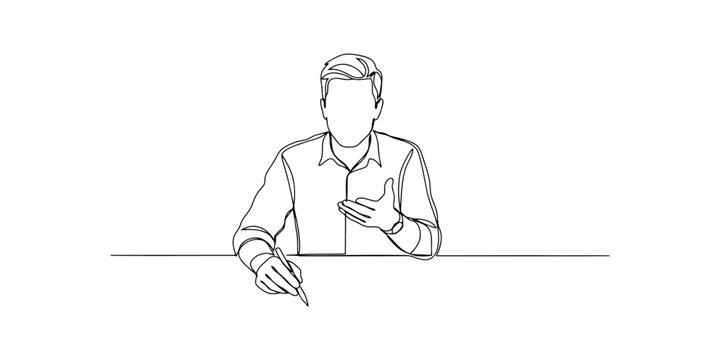 Continuous single line drawing of a man sitting at a desk talking and writing with a pen