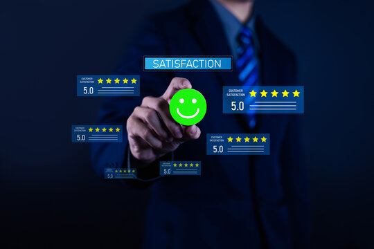 Customer satisfaction concept with business professional giving five-star rating and positive feedback. Client experience, service quality, online review, customer loyalty, reputation management.