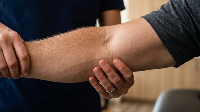 Physical therapist examining a patient arm in a medical clinic office