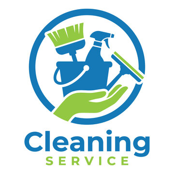 Cleaning service logo with hand holding cleaning supplies and tools icon