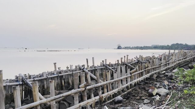 Traditional bamboo coastal breakwater structure along the shoreline at sunset for erosion control and wave protection
