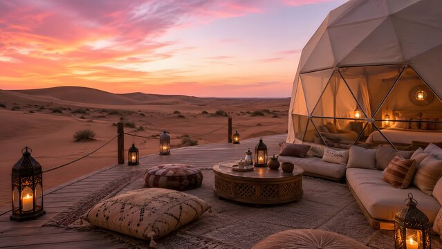 Desert glamping dome at sunset
