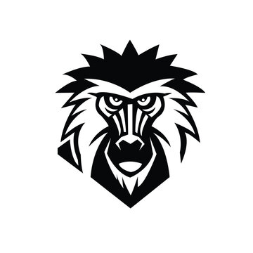 Black and white graphic head illustration of a wild mandrill monkey