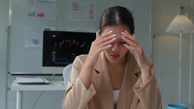 Stressed Asian businesswoman feeling frustrated after losing money in the stock market, seeing the red candlestick chart indicating a price drop and a financial crisis while working at night