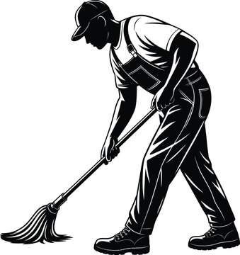 Black and white silhouette of a person in overalls and cap mopping the floor male