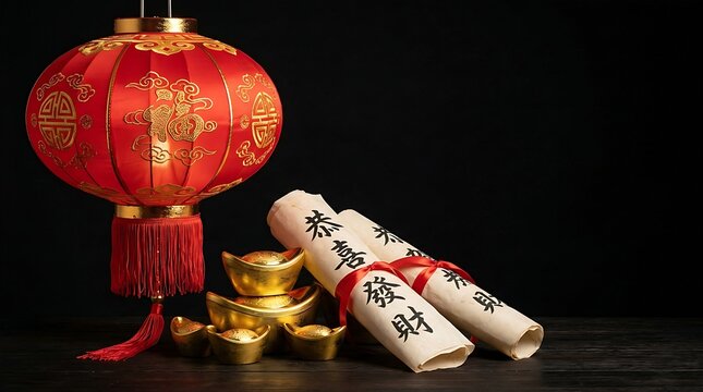  traditional Chinese New Year cultural symbols, featuring an ornate red silk lantern, hand-painted calligraphy scrolls, and gold sycee ingots arranged elegantly, professional studio setup, clean dark 