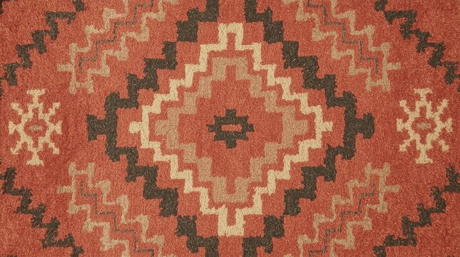 Traditional Handwoven Kilim Rug with Red and Brown Geometric Tribal Pattern Background Texture Detail